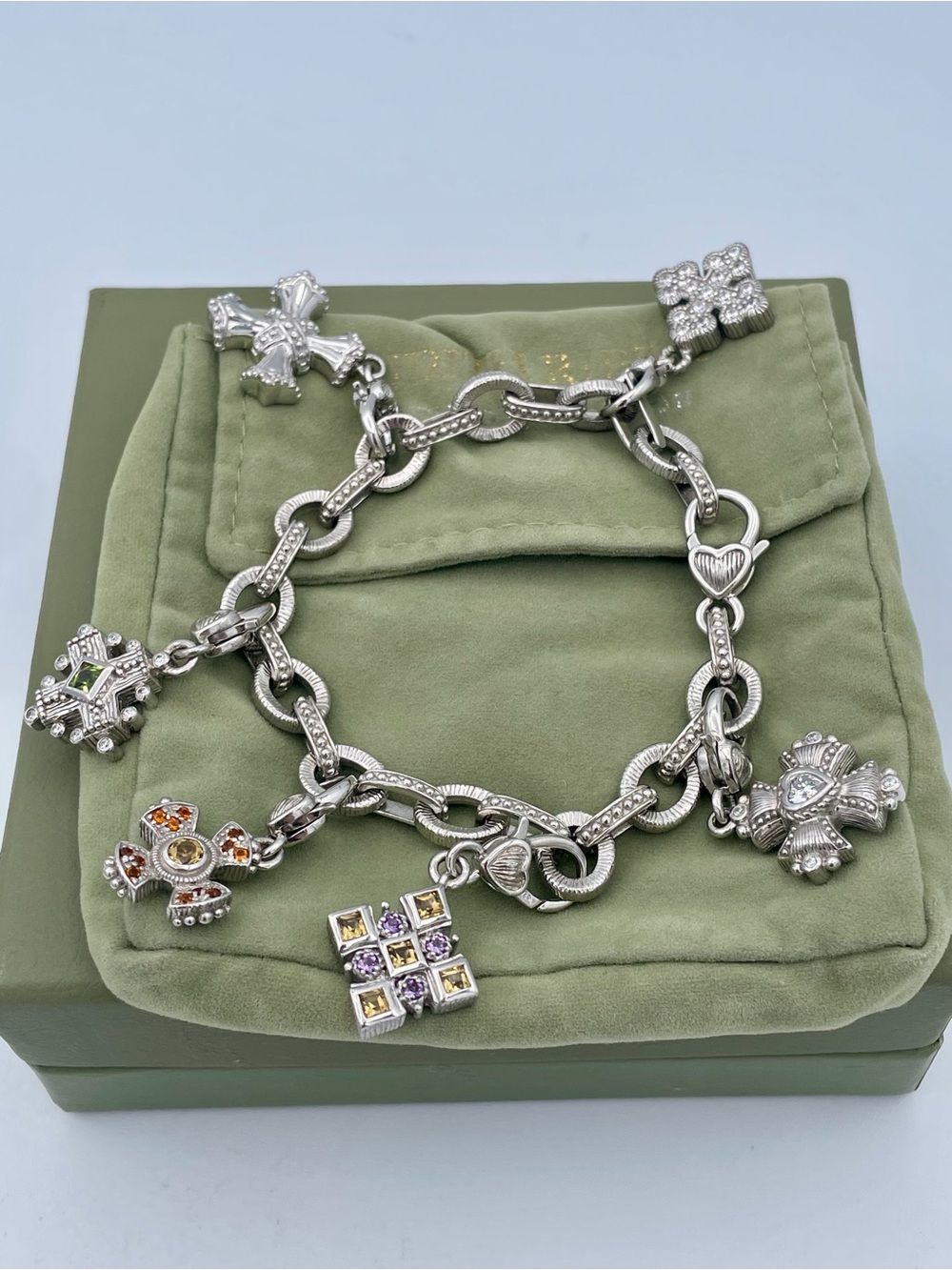 Judith Ripka Sterling Silver 925 Gemstone Maltese Cross Charm Bracelet Thailand - Picture 14 of 14